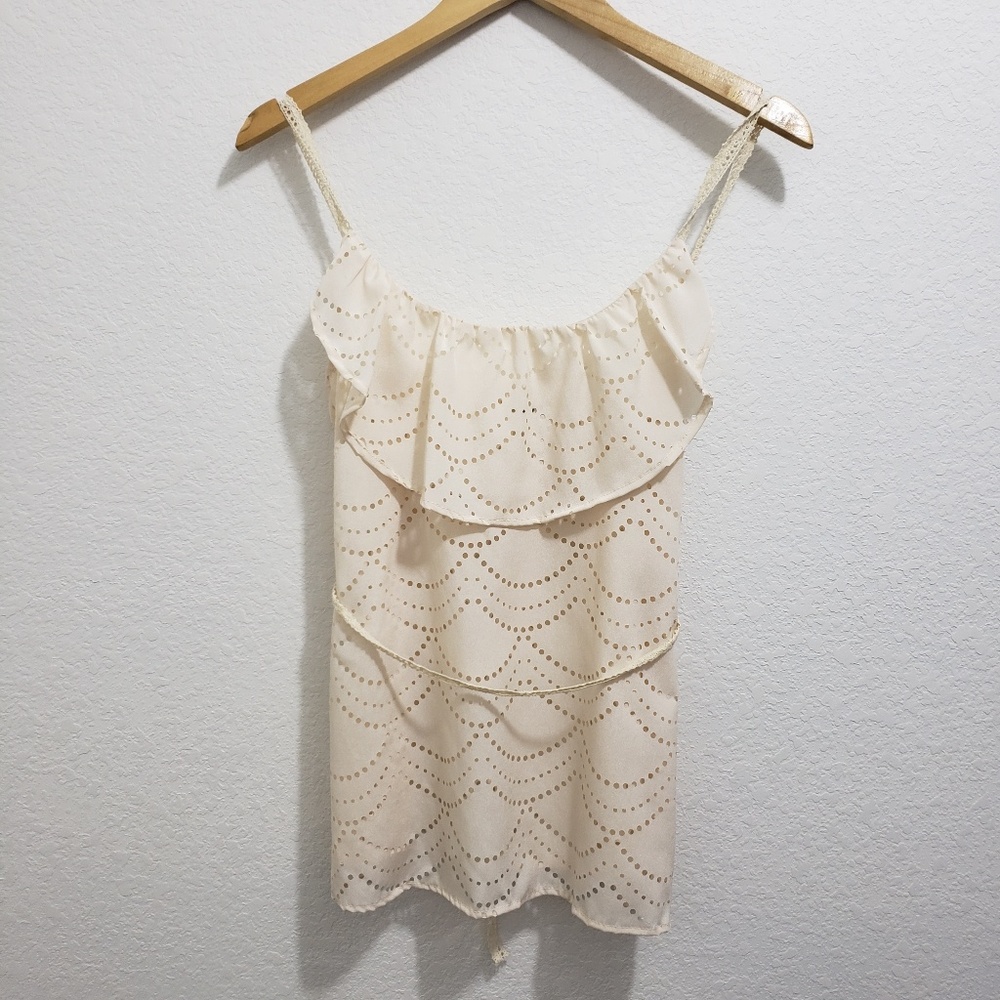 Daytrip Cream Tie Waist Tank Top with Ruffle Neck